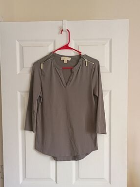Michael Kors Taupe Zip-Shoulder V-Neck Blouse